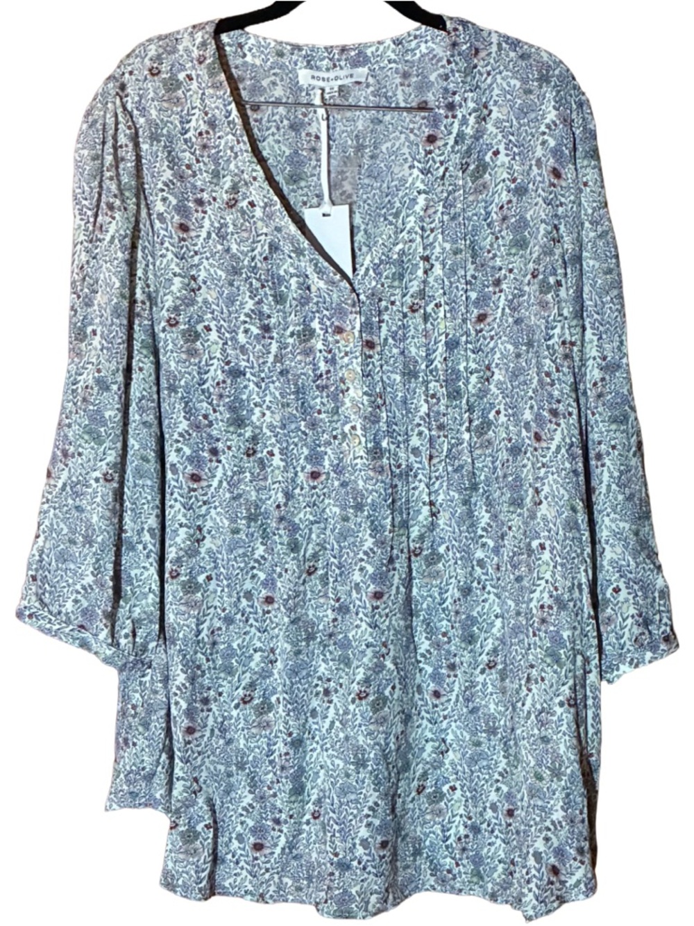 Blouse Plus 2X Rose + Olive Pintuck Peasant Boho Flowy Floral Drape Top Office